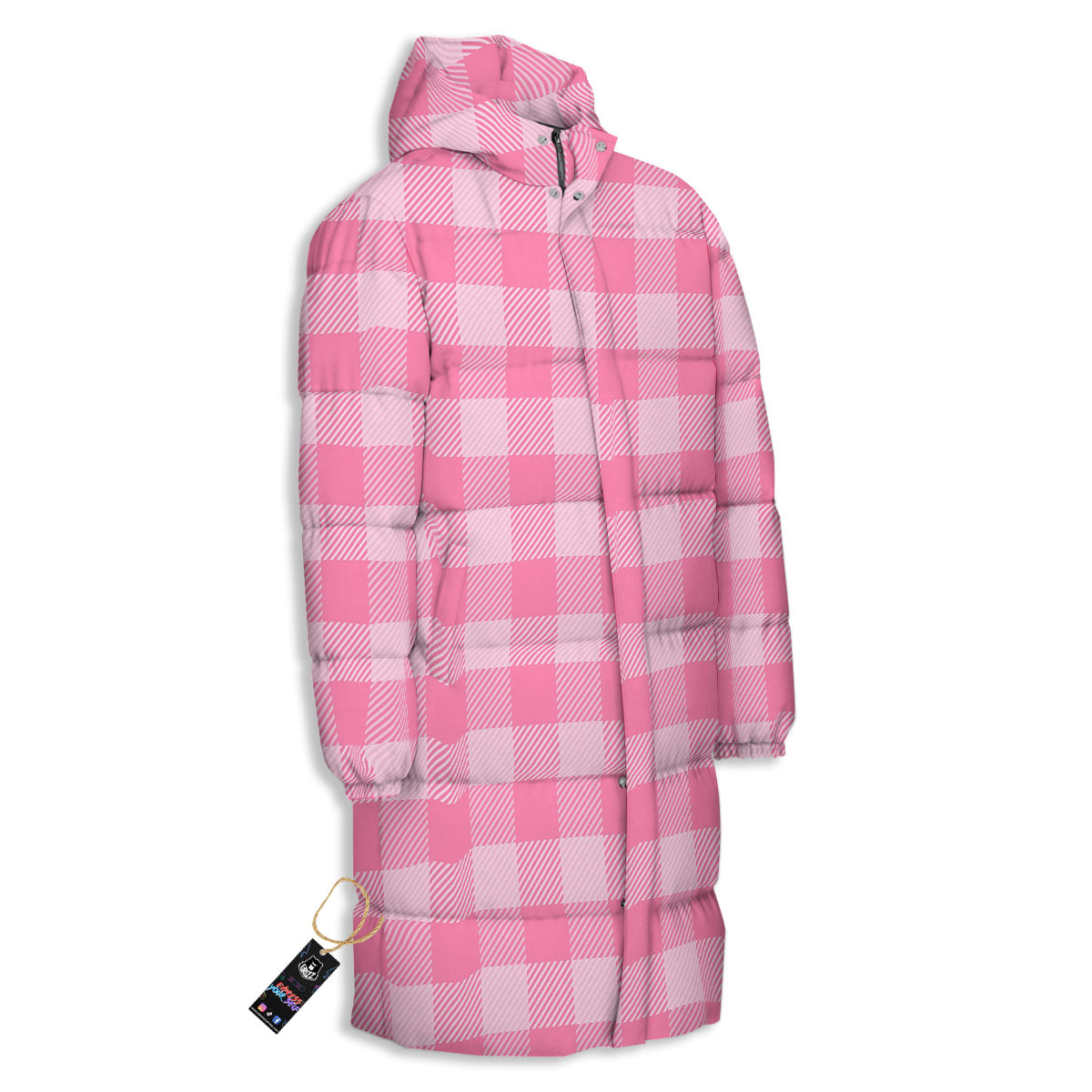 Check Pink Print Pattern Long Down Jacket-grizzshop