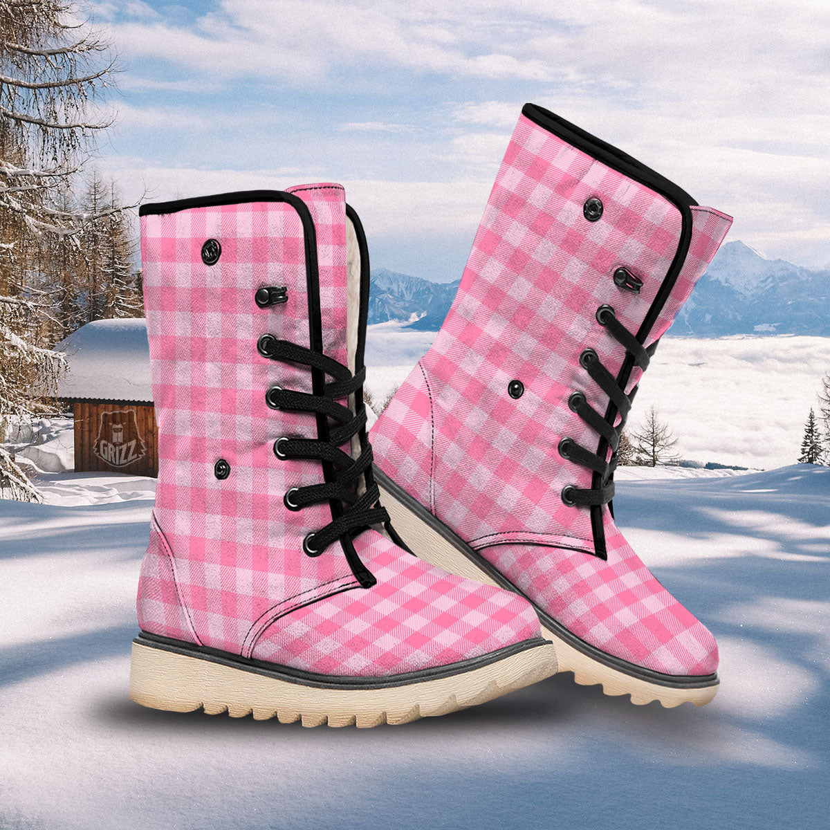 Check Pink Print Pattern Snow Boots-grizzshop
