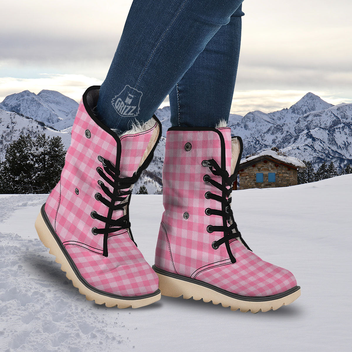 Check Pink Print Pattern Snow Boots-grizzshop