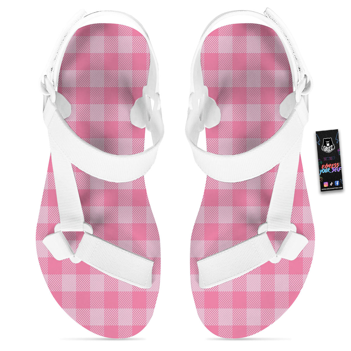 Check Pink Print Pattern White Open Toe Sandals-grizzshop