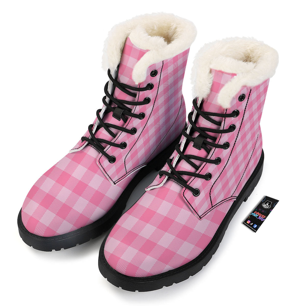 Check Pink Print Pattern Winter Boots-grizzshop