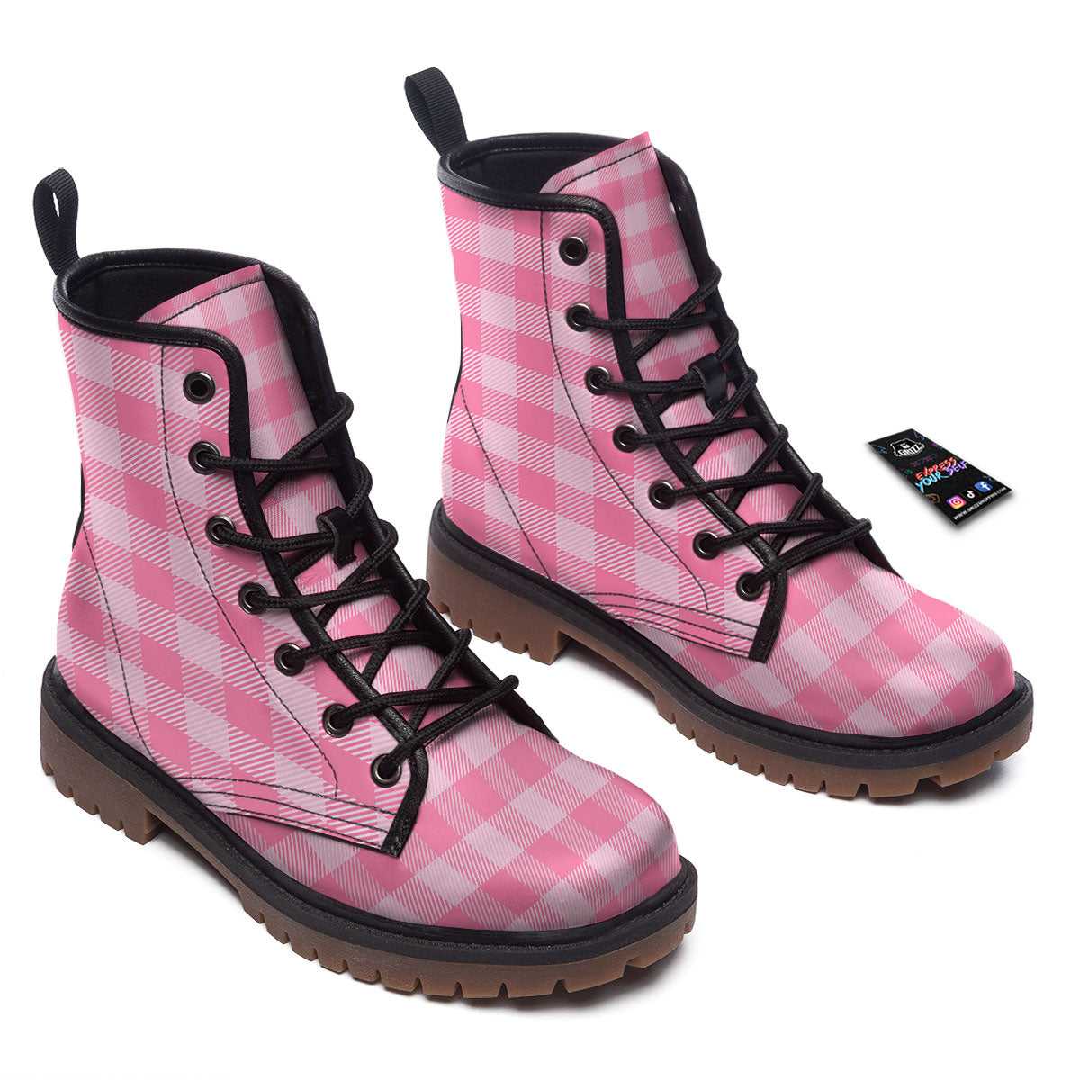 Check Pink Print Pattern Work Boots-grizzshop