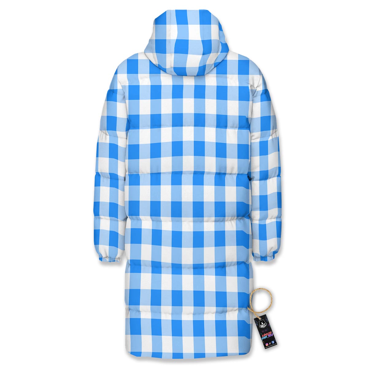 Check Sapphire Blue Print Pattern Long Down Jacket-grizzshop