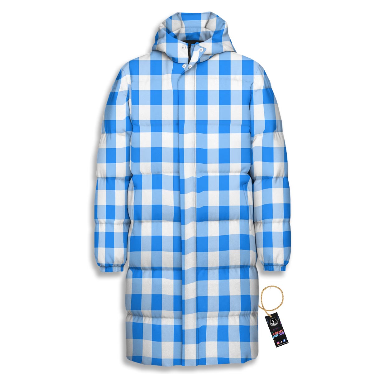 Check Sapphire Blue Print Pattern Long Down Jacket-grizzshop