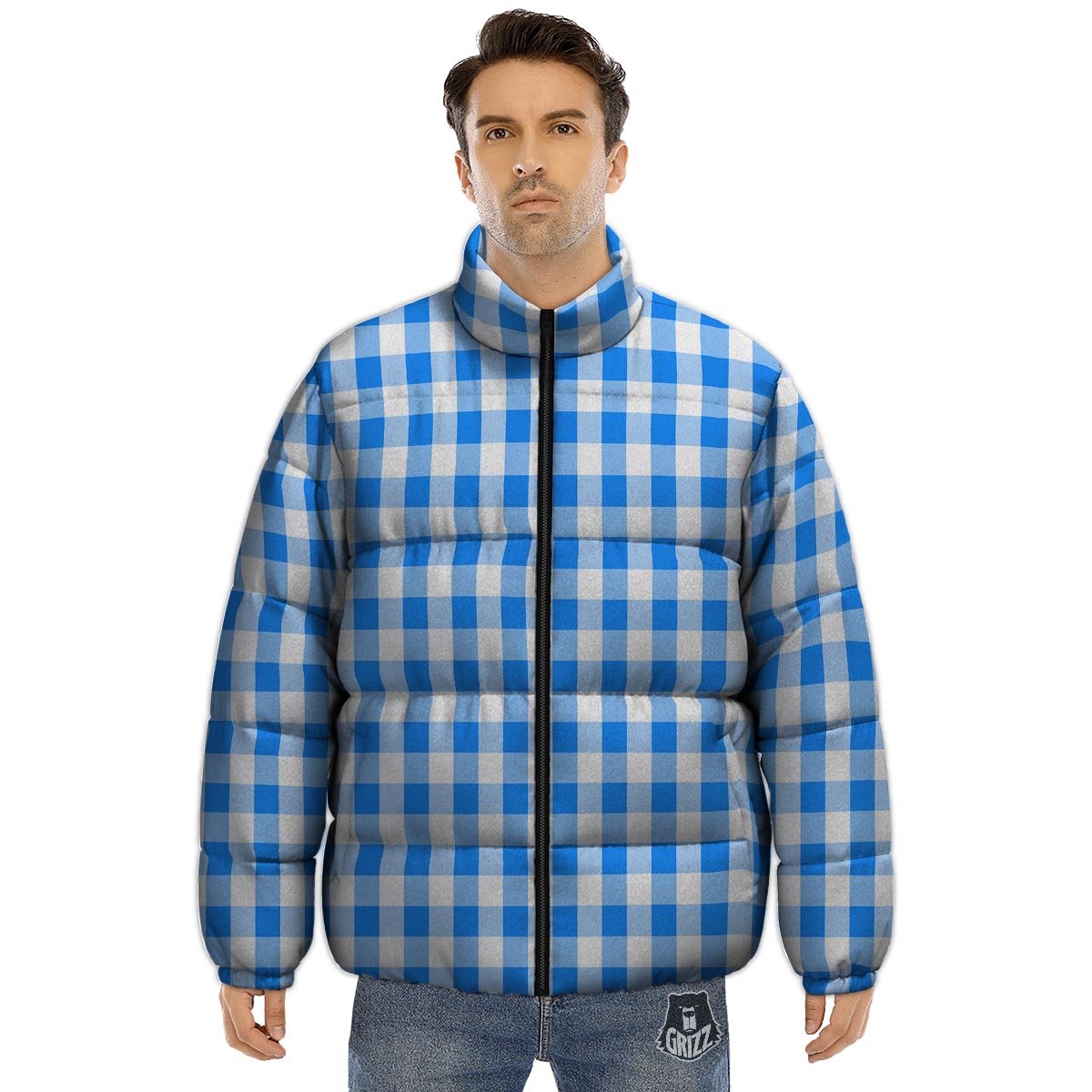Check Sapphire Blue Print Pattern Puffer Jacket-grizzshop
