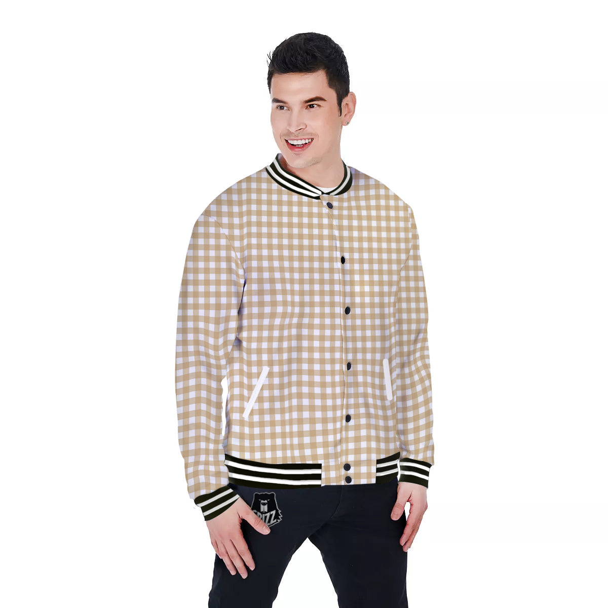 Check White And Beige Print Pattern Baseball Jacket-grizzshop