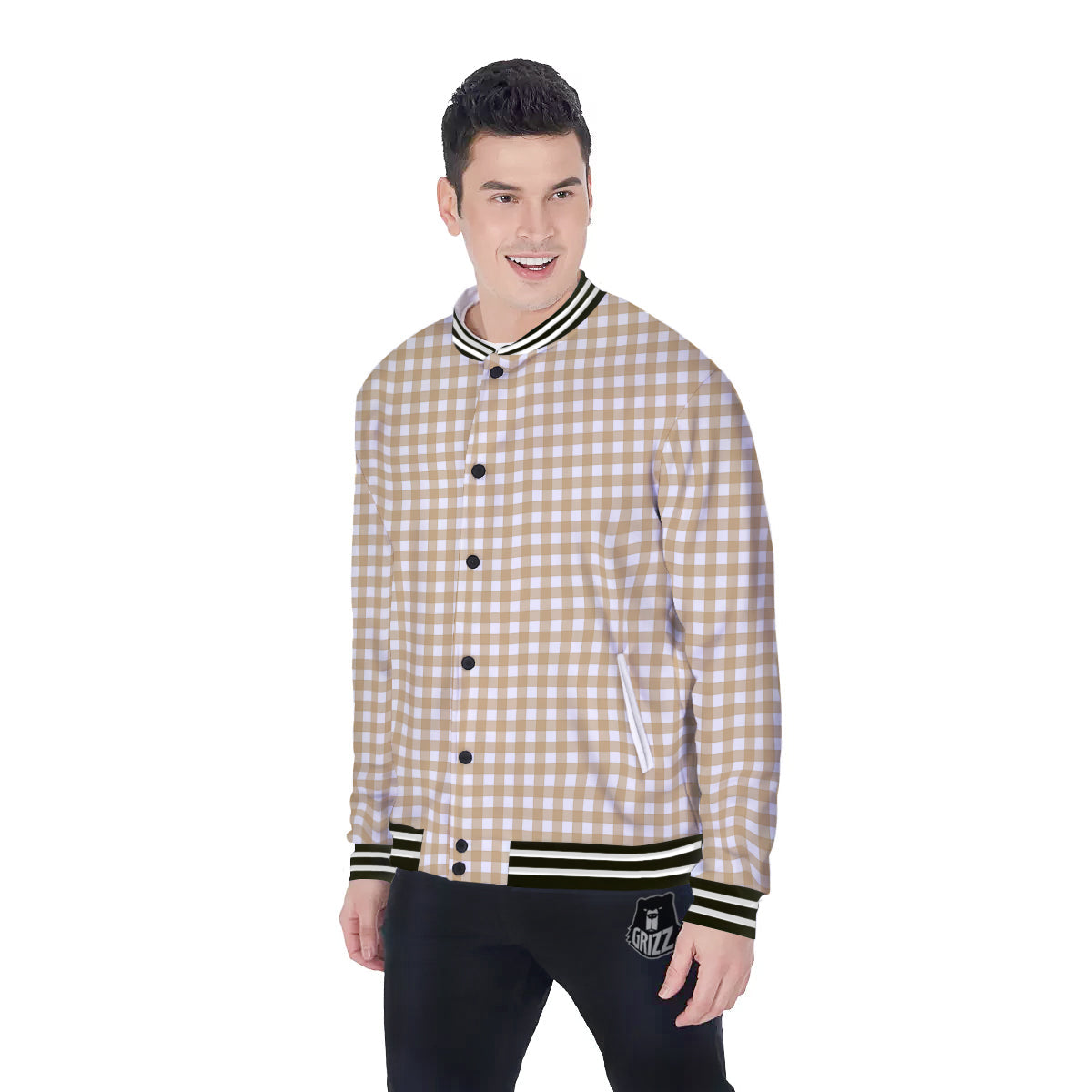 Check White And Beige Print Pattern Baseball Jacket-grizzshop