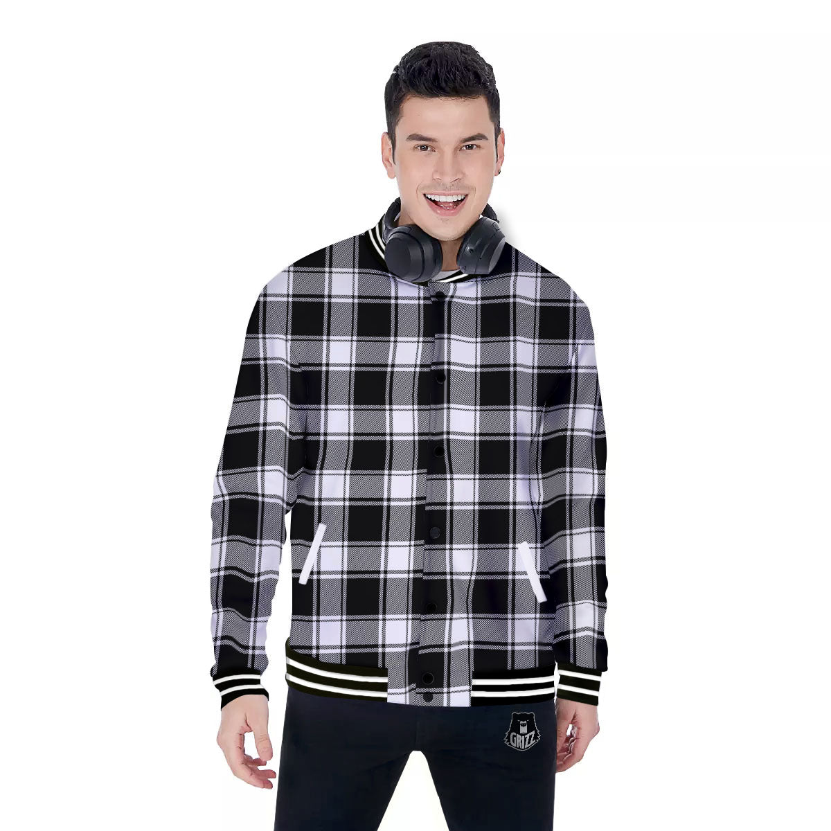 Check White And Black Print Pattern Baseball Jacket-grizzshop