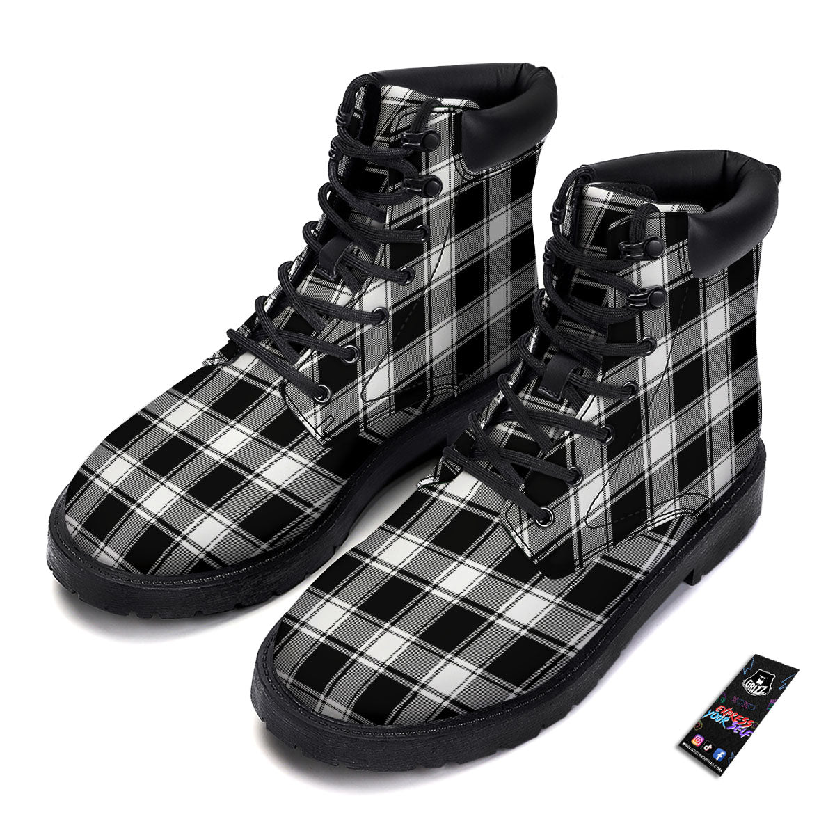Check White And Black Print Pattern Boots-grizzshop