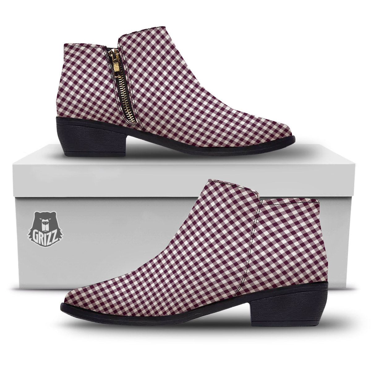Check White And Burgundy Print Pattern Ankle Boots-grizzshop