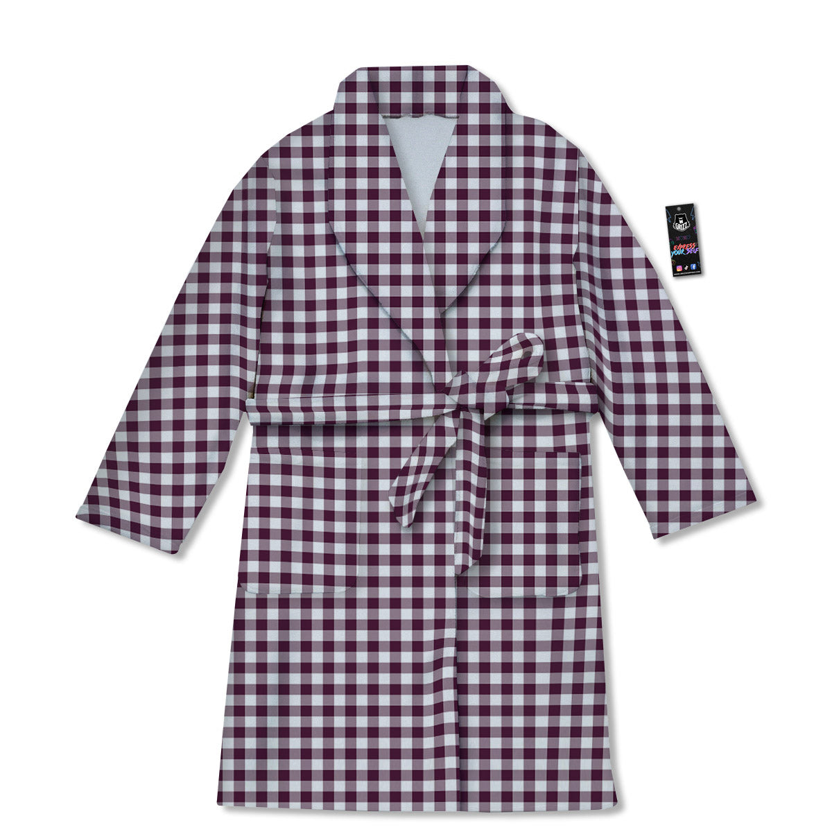 Check White And Burgundy Print Pattern Bathrobe-grizzshop