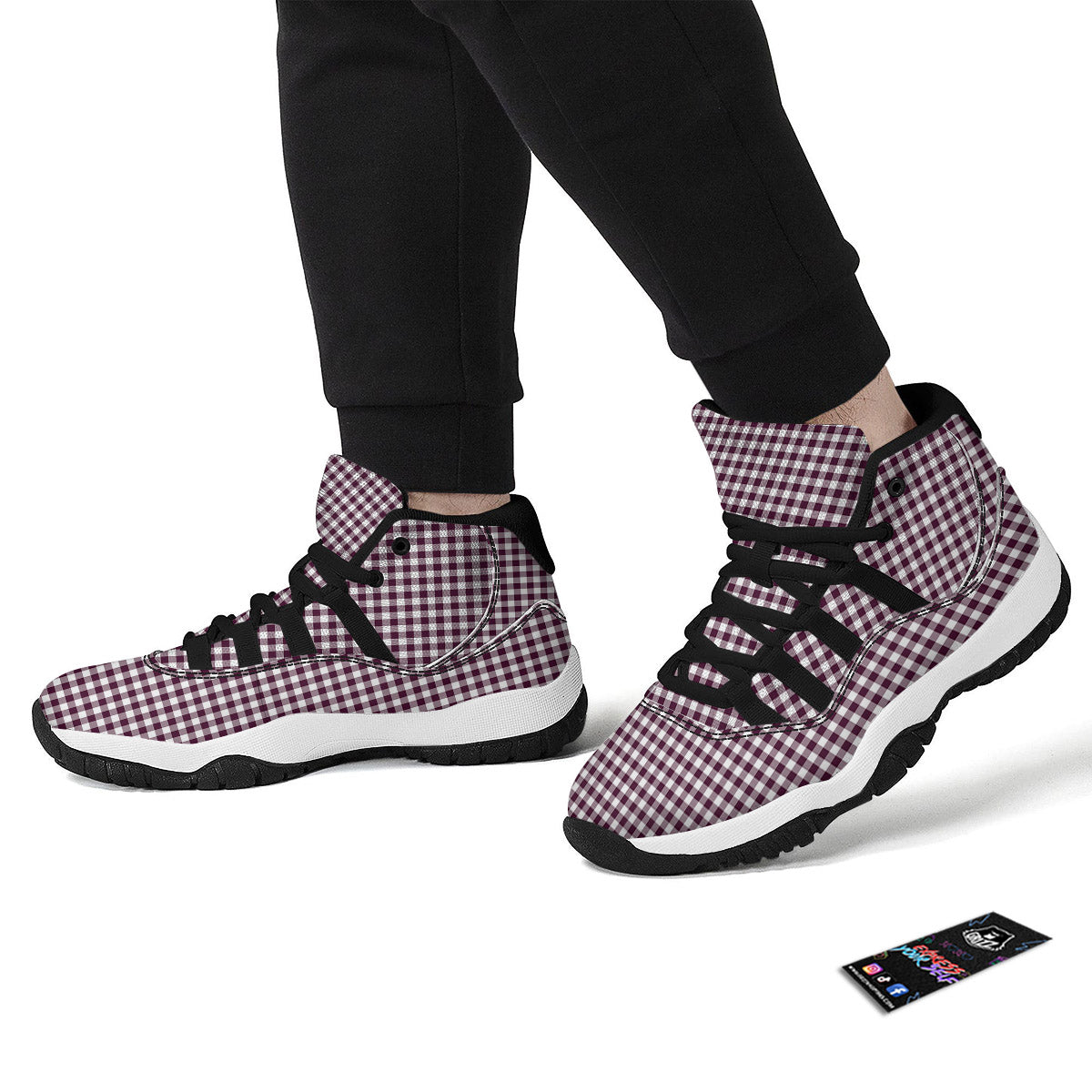 Check White And Burgundy Print Pattern Black Bball Shoes-grizzshop