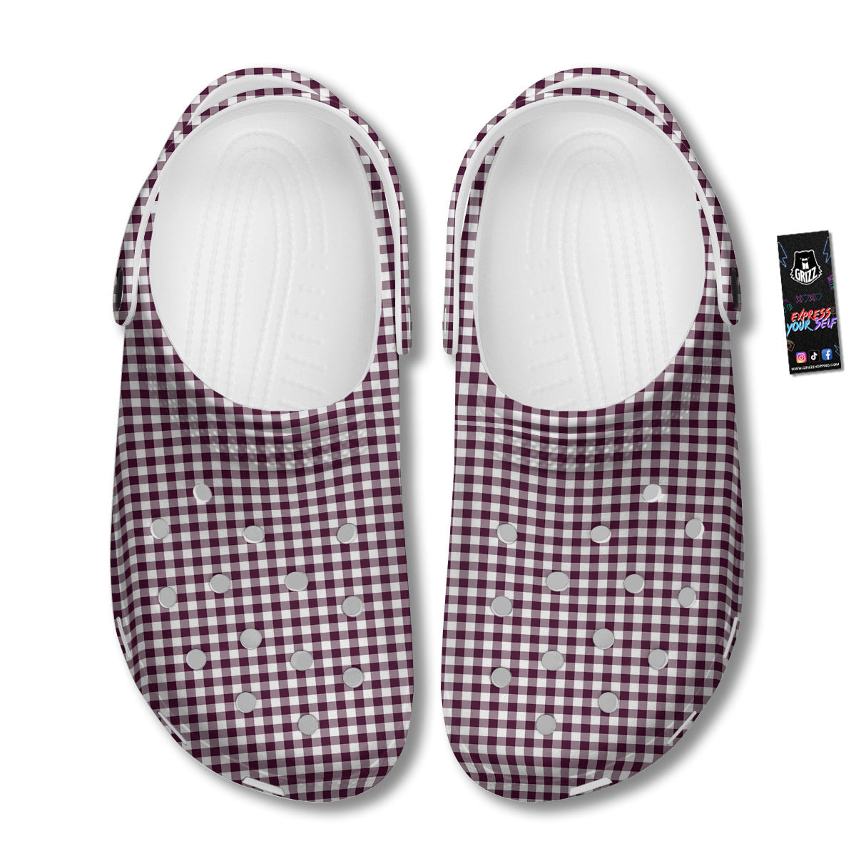 Check White And Burgundy Print Pattern Clog-grizzshop