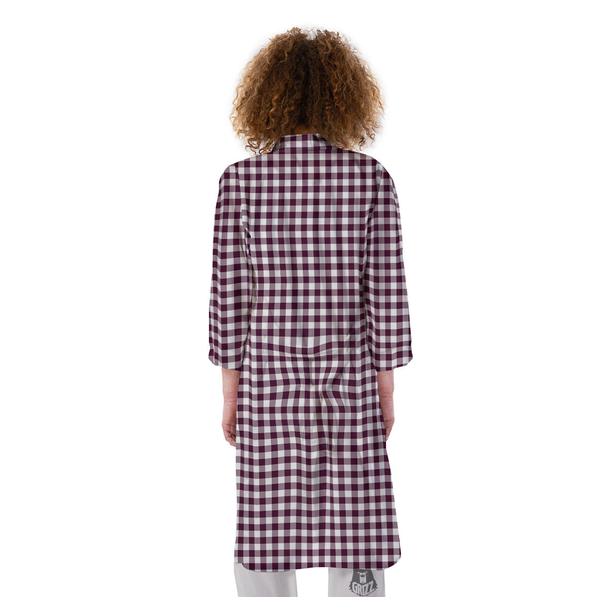 Check White And Burgundy Print Pattern Kimono-grizzshop