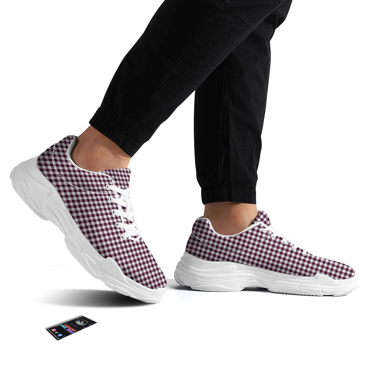 Check White And Burgundy Print Pattern White Chunky Shoes-grizzshop
