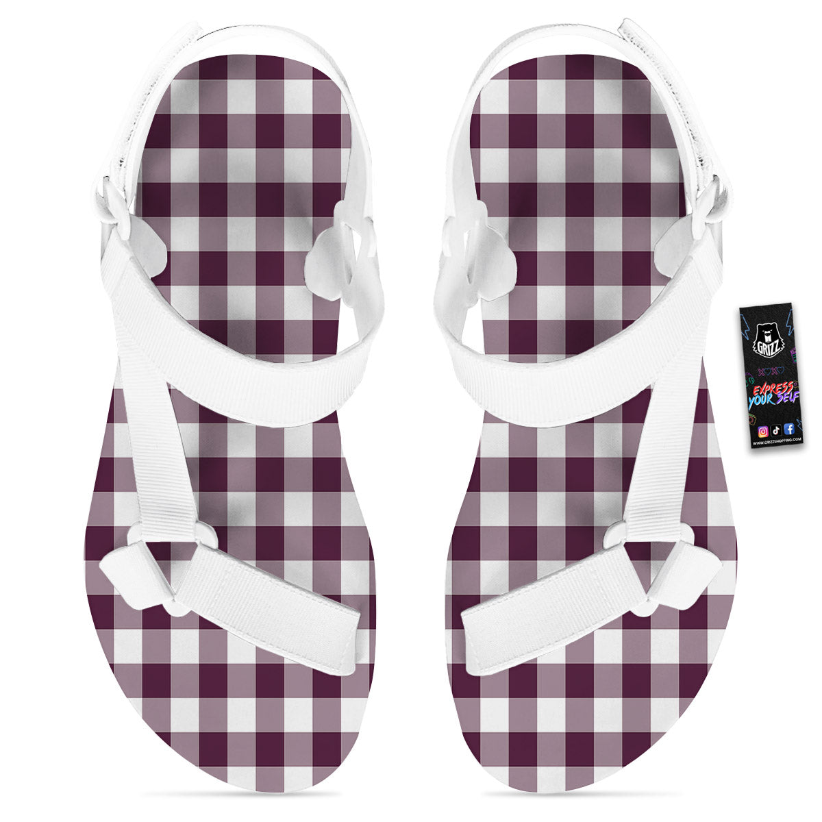Check White And Burgundy Print Pattern White Open Toe Sandals-grizzshop