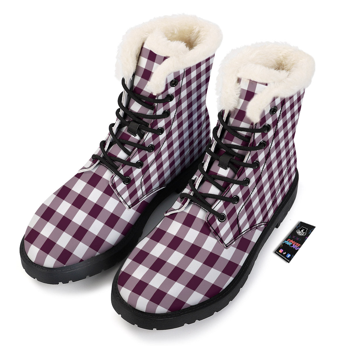 Check White And Burgundy Print Pattern Winter Boots-grizzshop