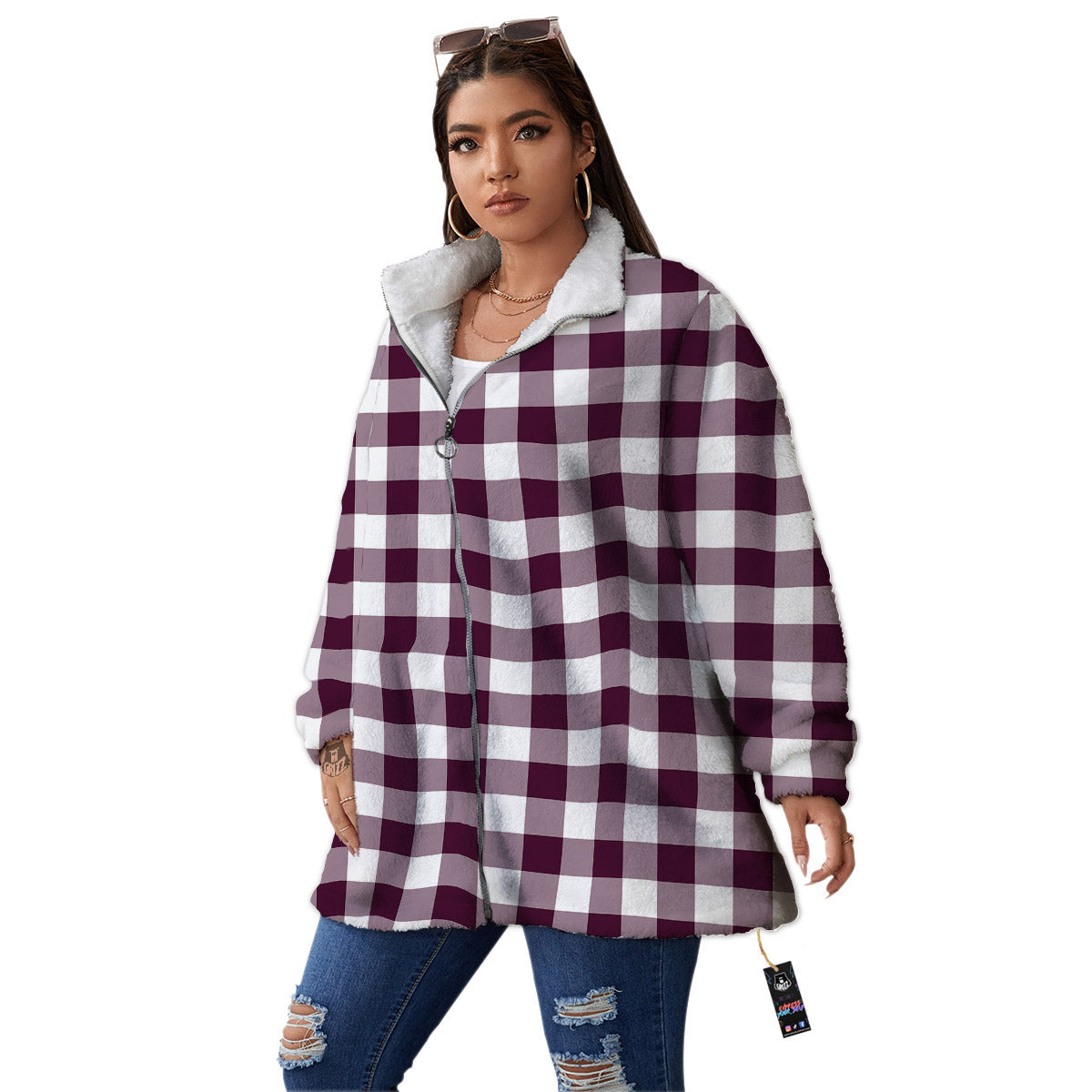 Check White And Burgundy Print Pattern Women's Sherpa Jacket-grizzshop