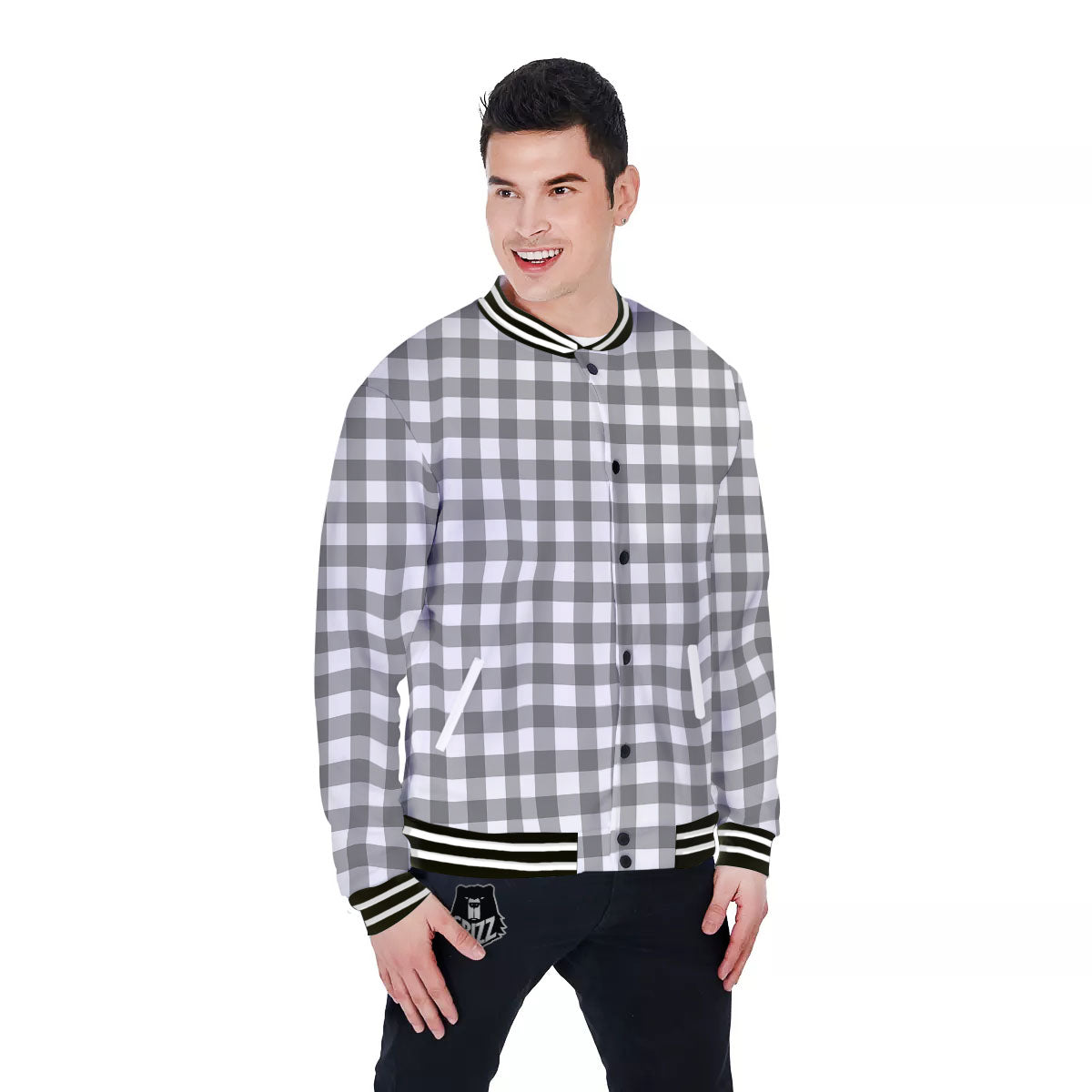 Check White And Grey Print Pattern Baseball Jacket-grizzshop