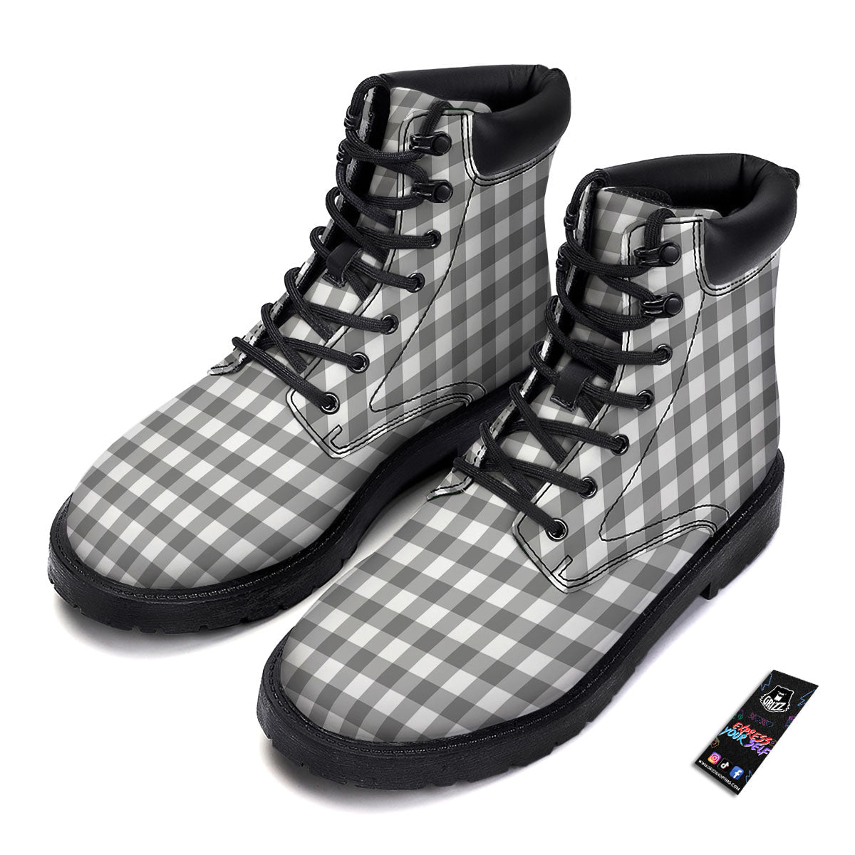 Check White And Grey Print Pattern Boots-grizzshop