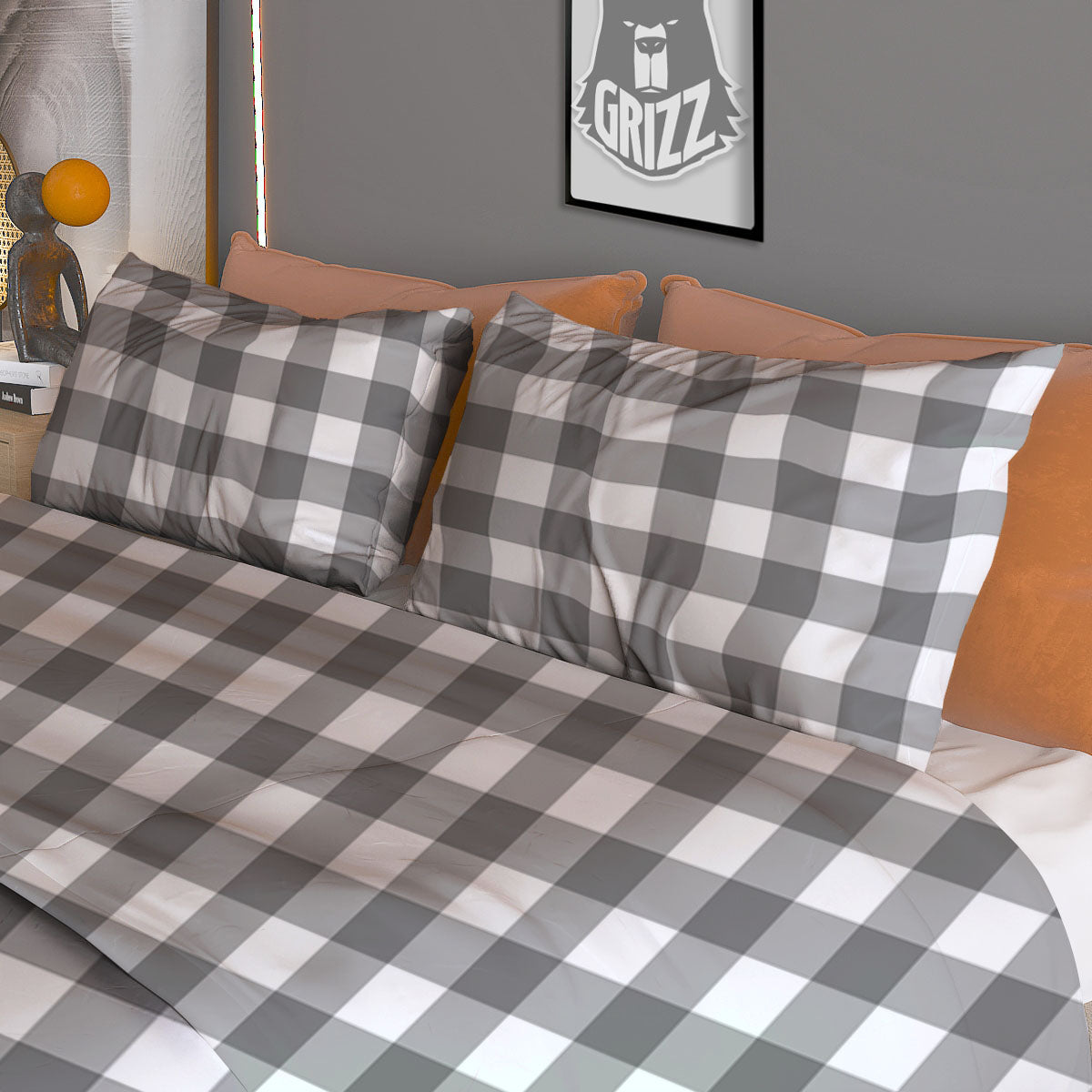 Check White And Grey Print Pattern Duvet Cover Bedding Set