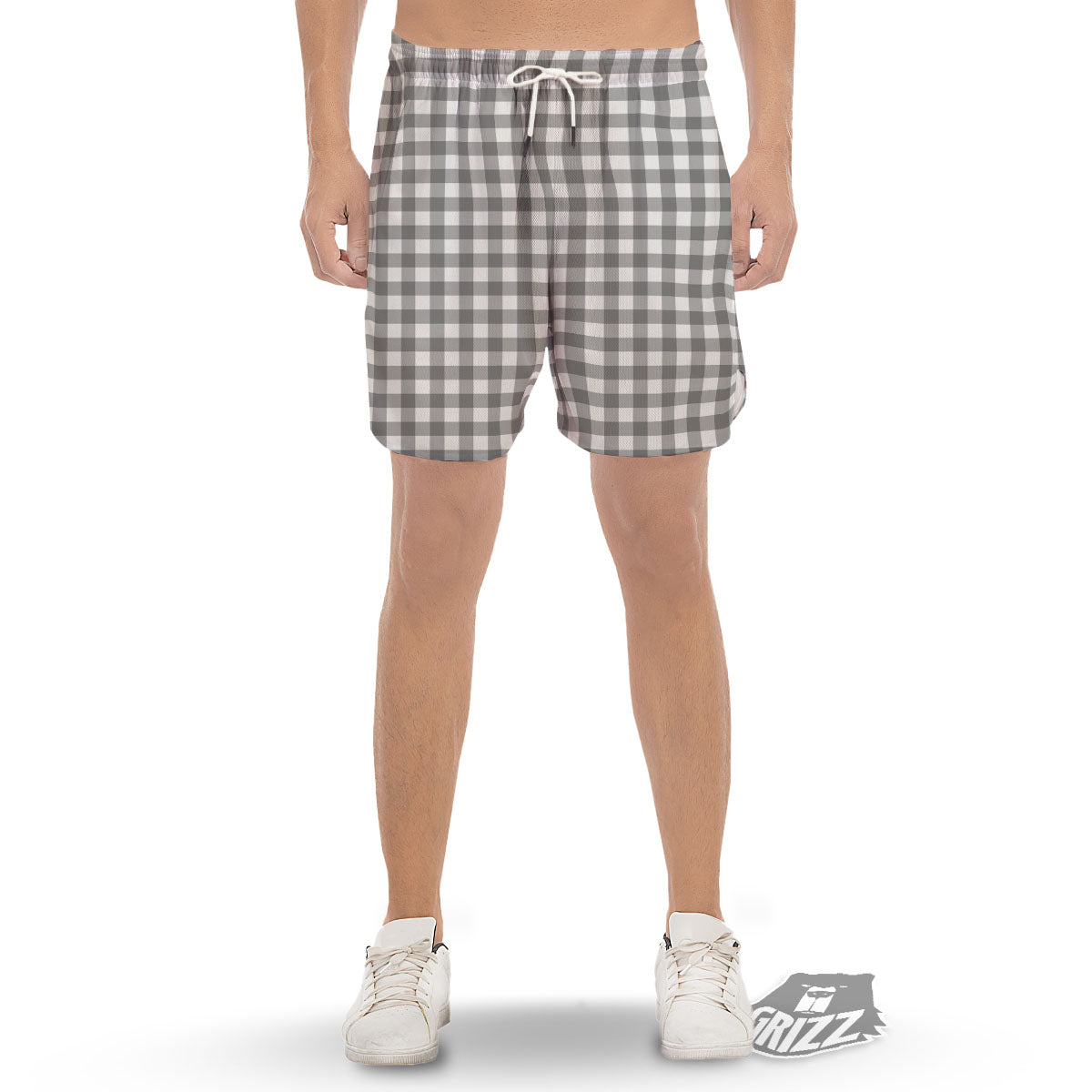 Check White And Grey Print Pattern Men's Gym Shorts-grizzshop