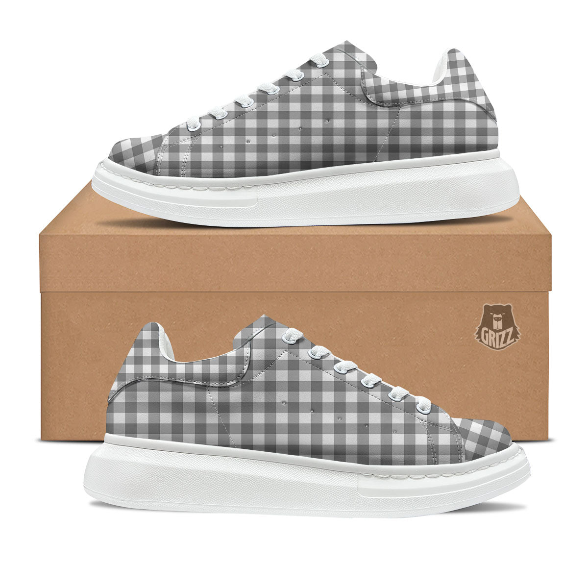 Check White And Grey Print Pattern Platform Shoes-grizzshop