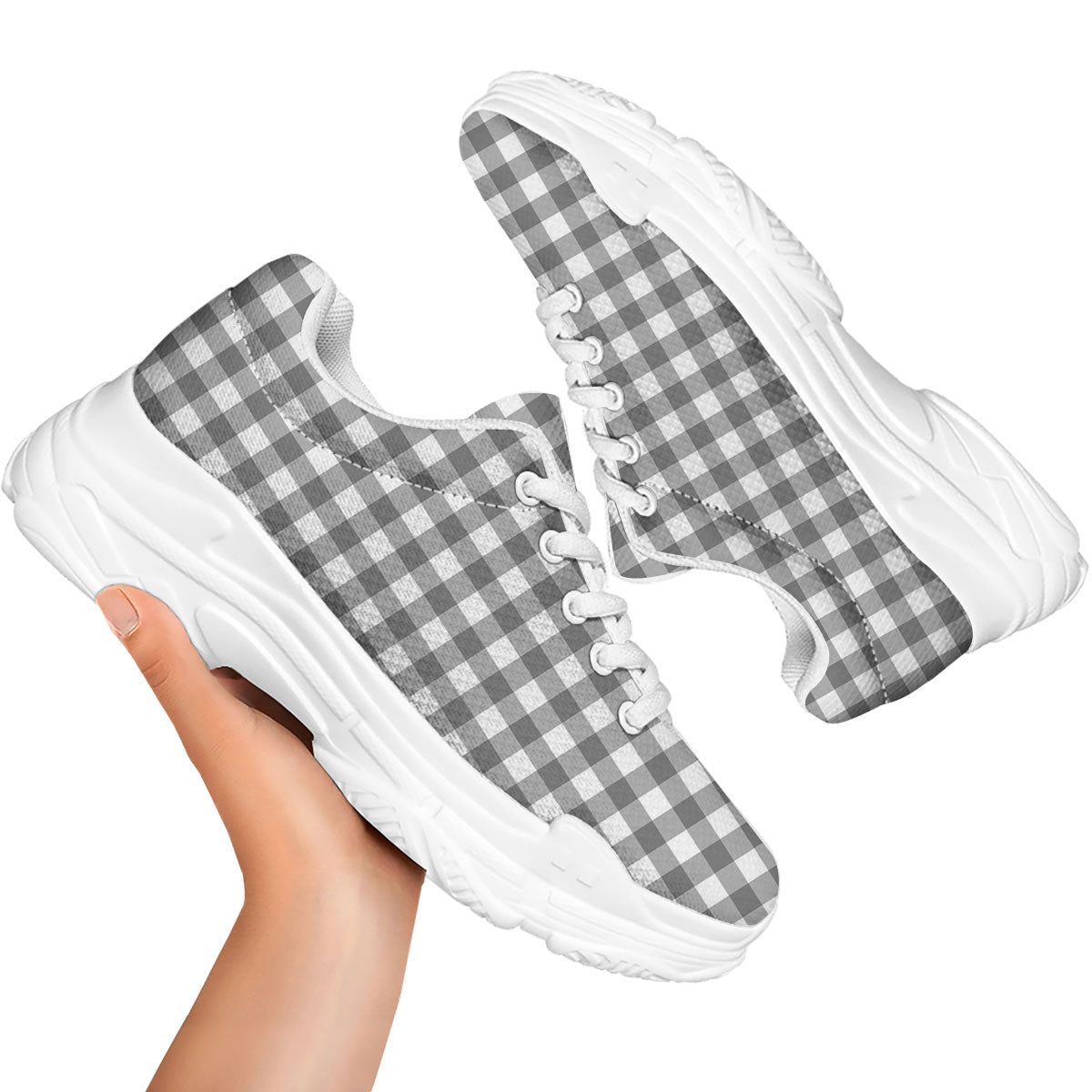 Check White And Grey Print Pattern White Chunky Shoes-grizzshop