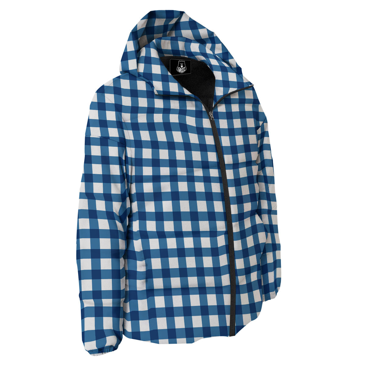 Check White And Navy Print Pattern Down Jacket-grizzshop