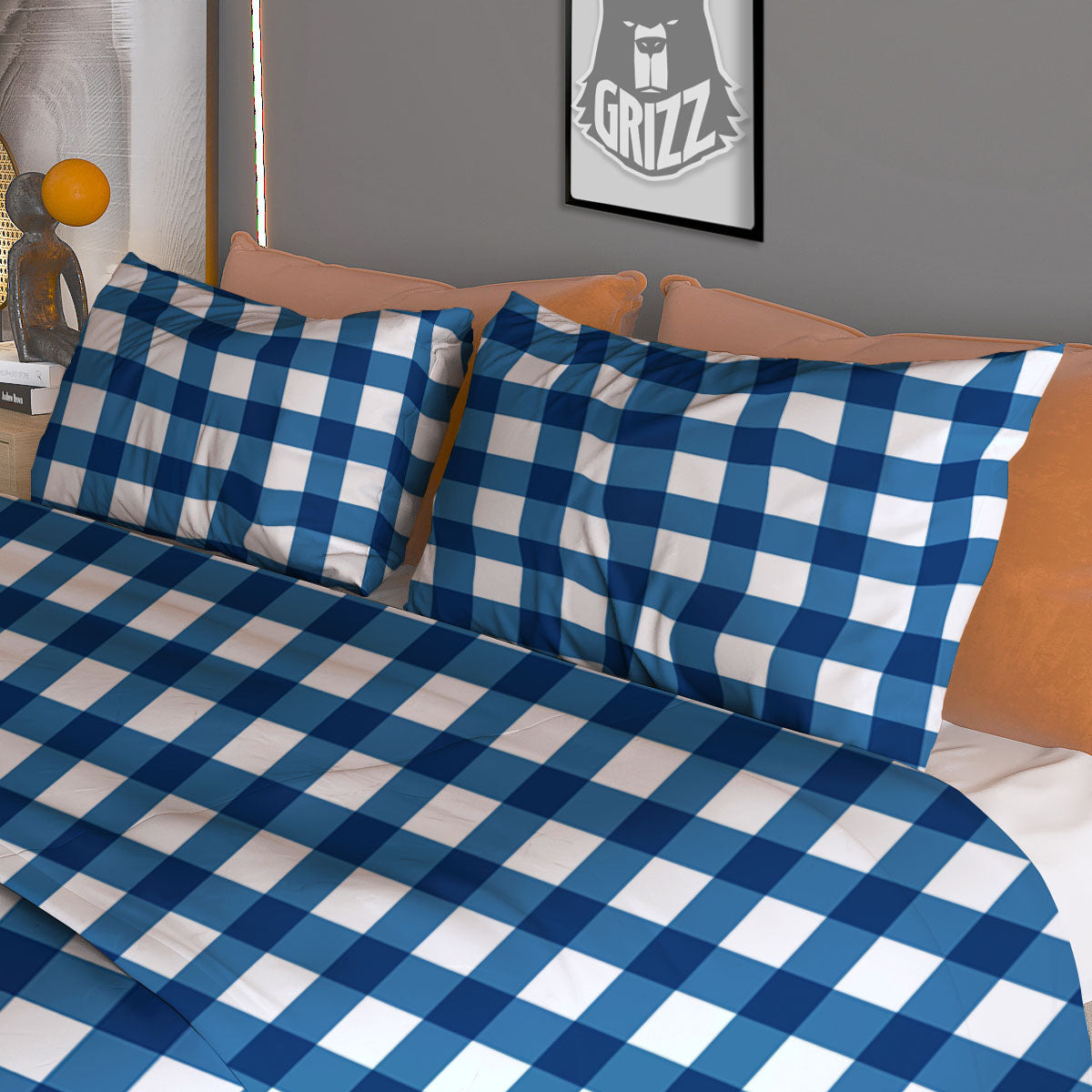 Check White And Navy Print Pattern Duvet Cover Bedding Set