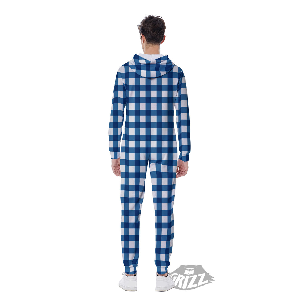 Check White And Navy Print Pattern Men's Jumpsuit-grizzshop