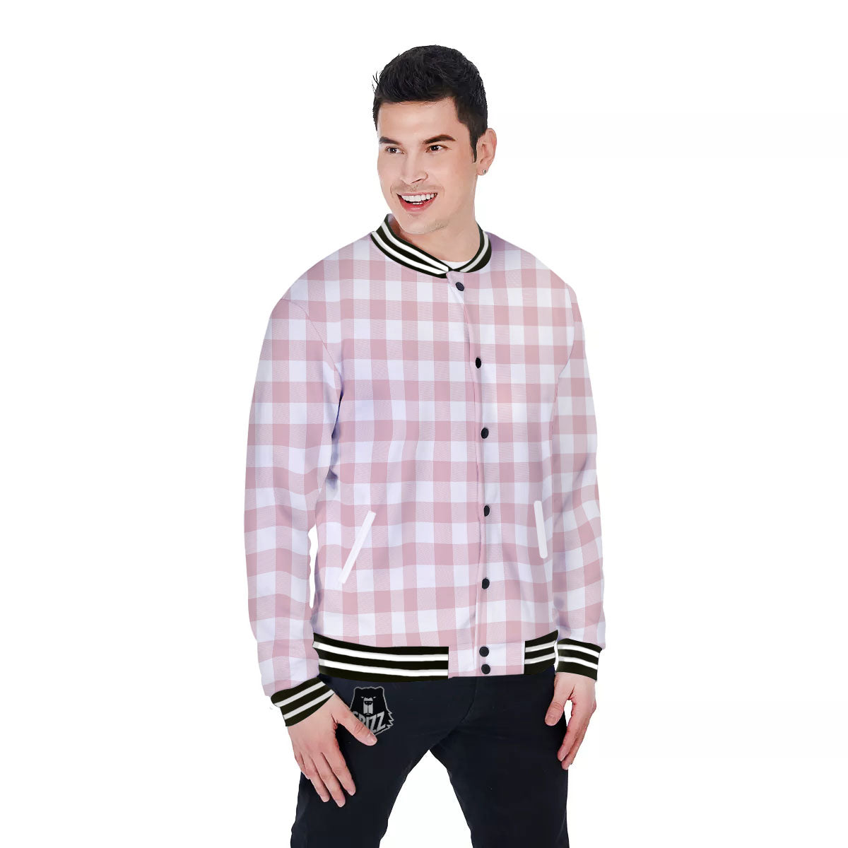Check White And Pink Print Pattern Baseball Jacket-grizzshop