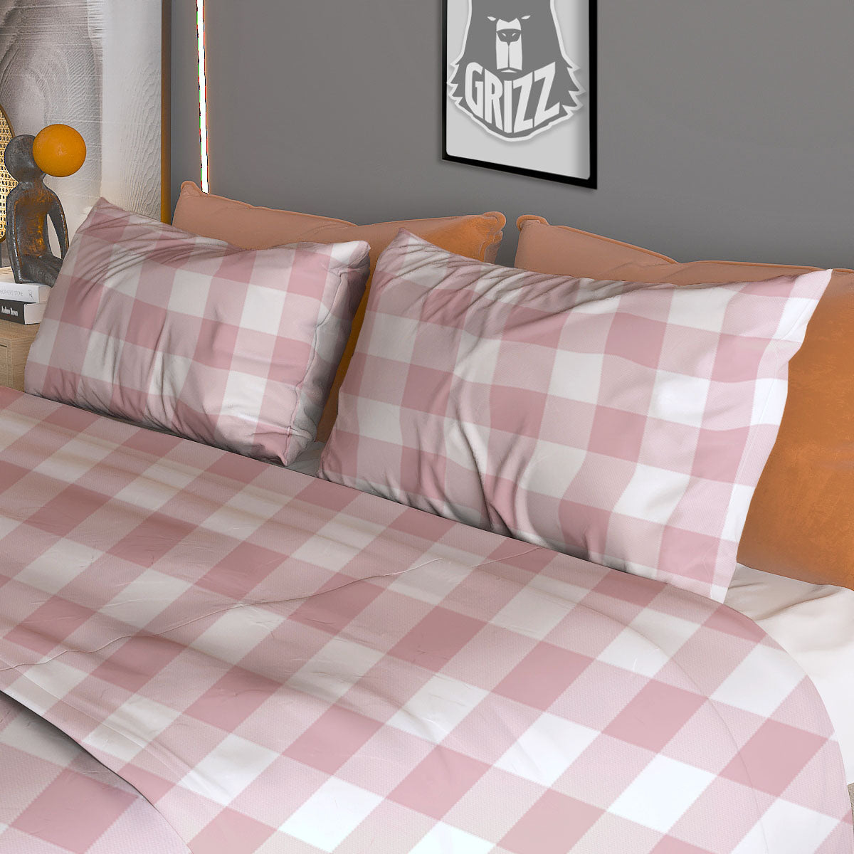 Check White And Pink Print Pattern Duvet Cover Bedding Set