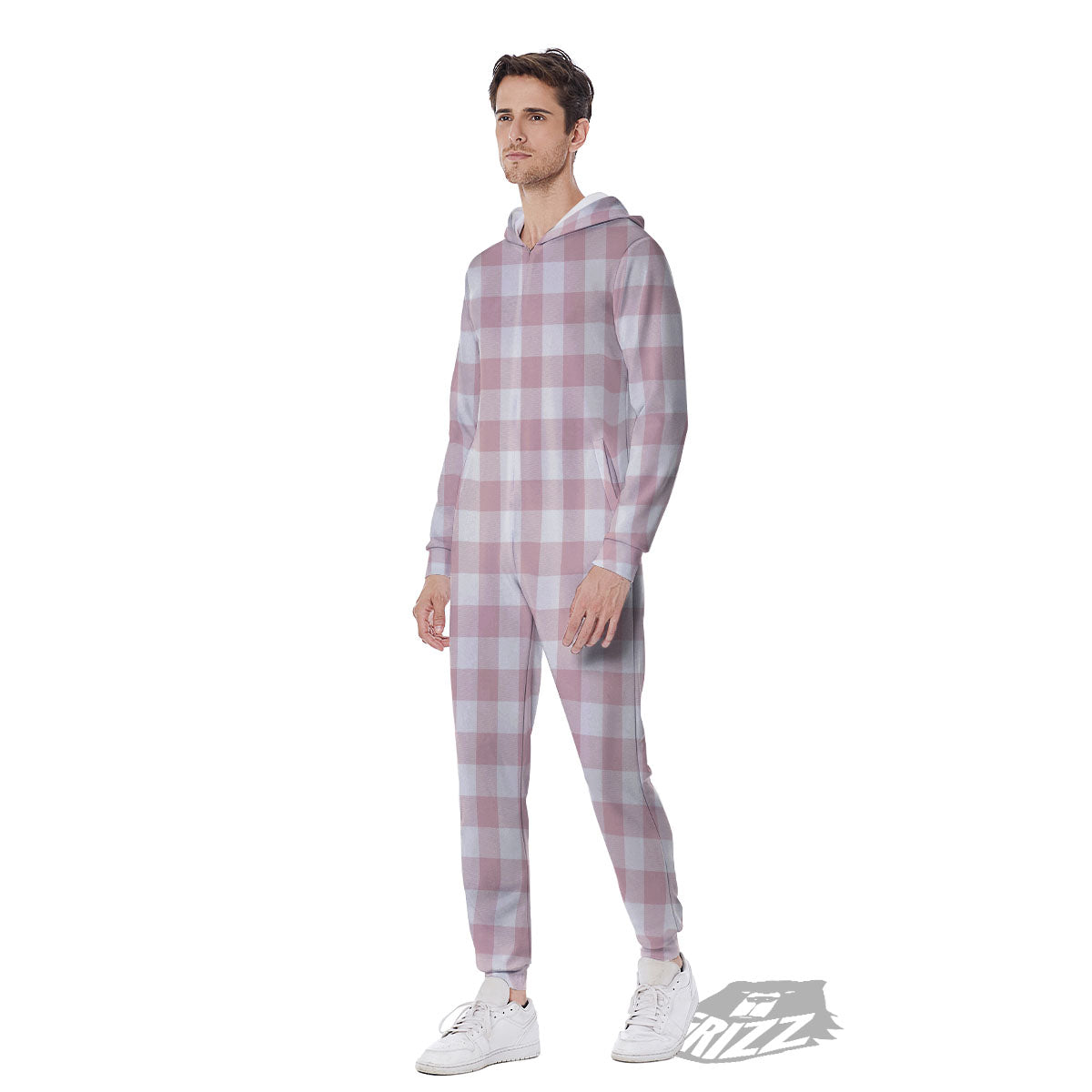 Check White And Pink Print Pattern Men's Jumpsuit-grizzshop