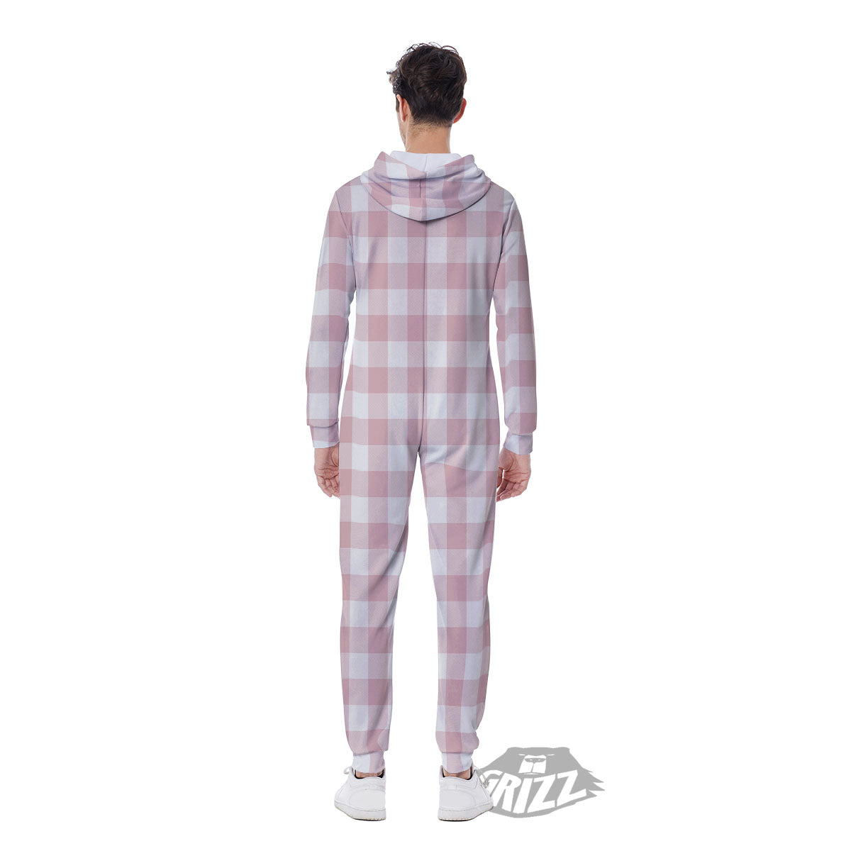 Check White And Pink Print Pattern Men's Jumpsuit-grizzshop