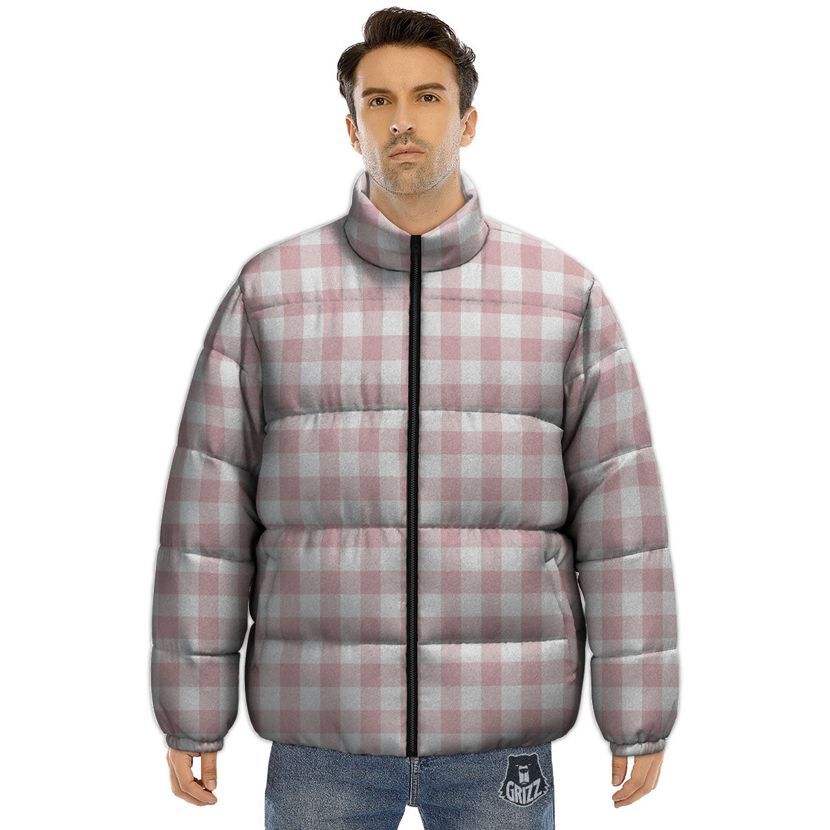 Check White And Pink Print Pattern Puffer Jacket-grizzshop