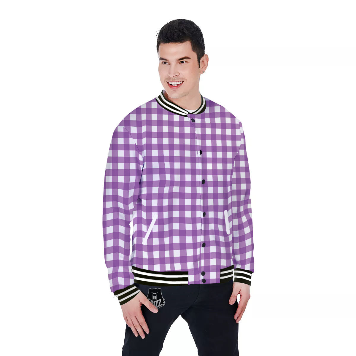 Check White And Purple Print Pattern Baseball Jacket-grizzshop