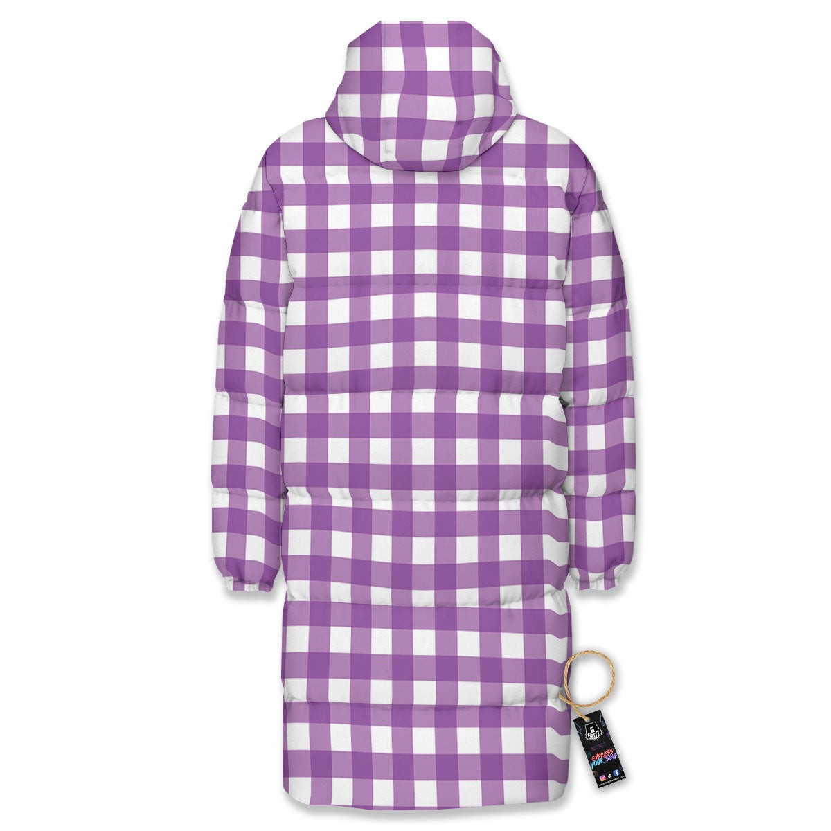 Check White And Purple Print Pattern Long Down Jacket-grizzshop