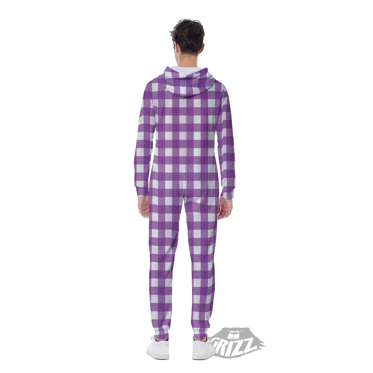 Check White And Purple Print Pattern Men's Jumpsuit-grizzshop