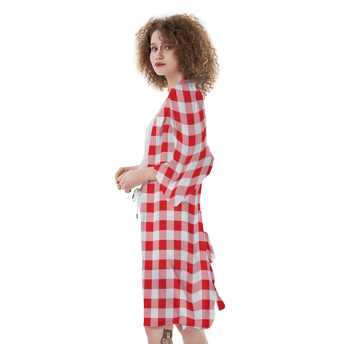 Check White And Red Print Pattern Kimono-grizzshop