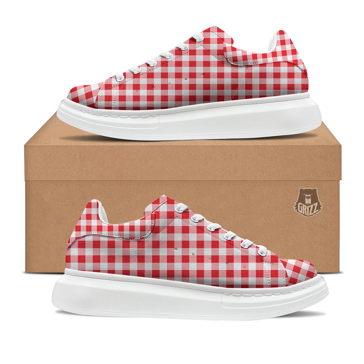 Check White And Red Print Pattern Platform Shoes-grizzshop