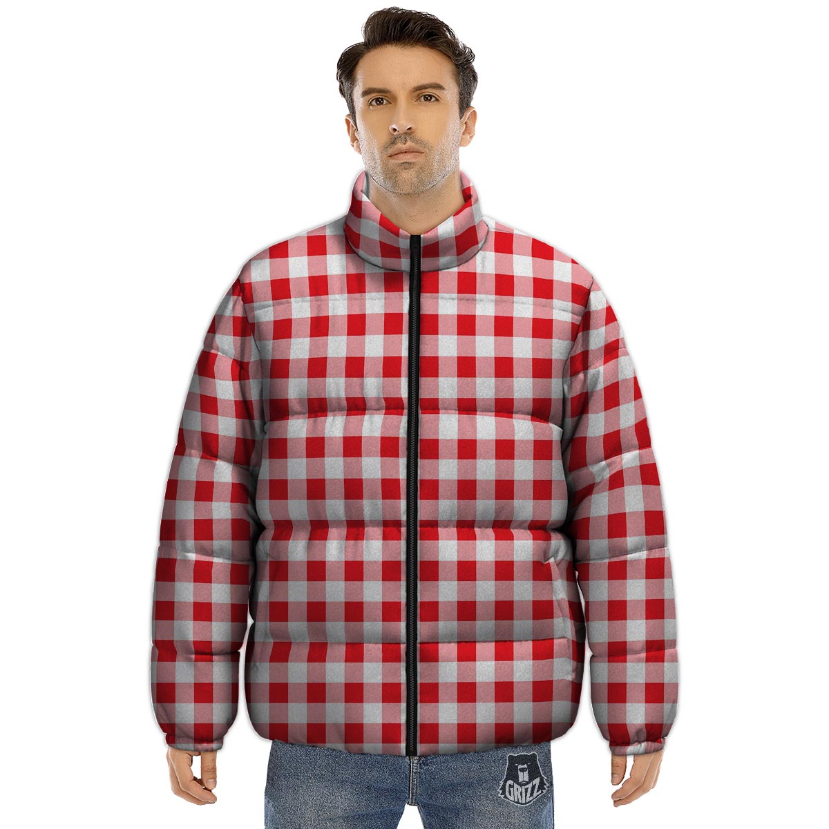 Check White And Red Print Pattern Puffer Jacket-grizzshop