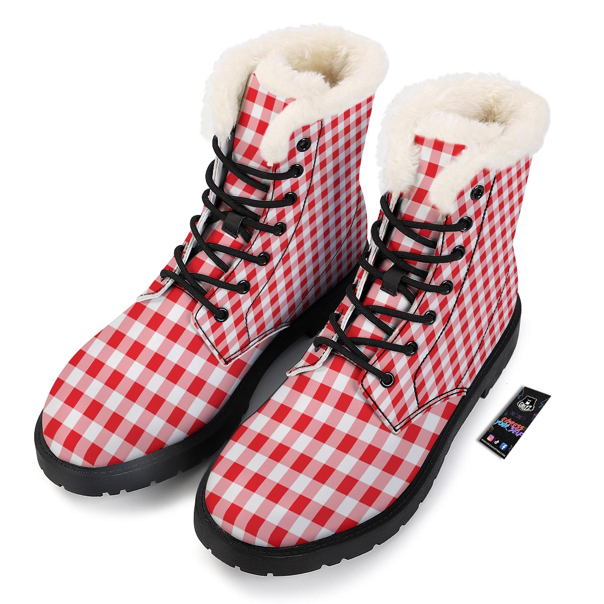 Check White And Red Print Pattern Winter Boots-grizzshop