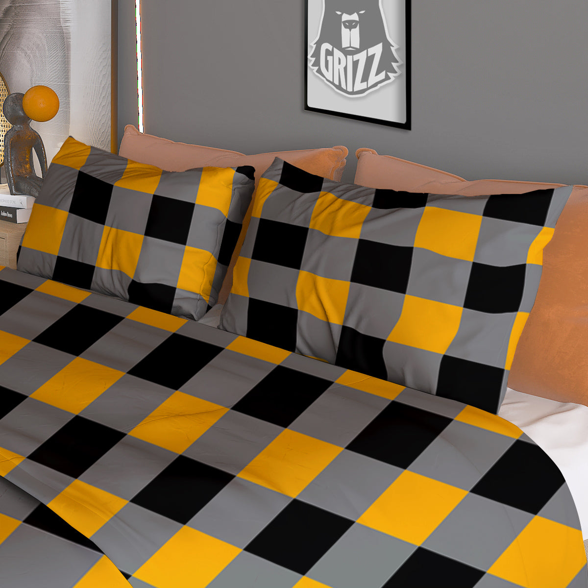 Check Yellow And Black Print Pattern Duvet Cover Bedding Set