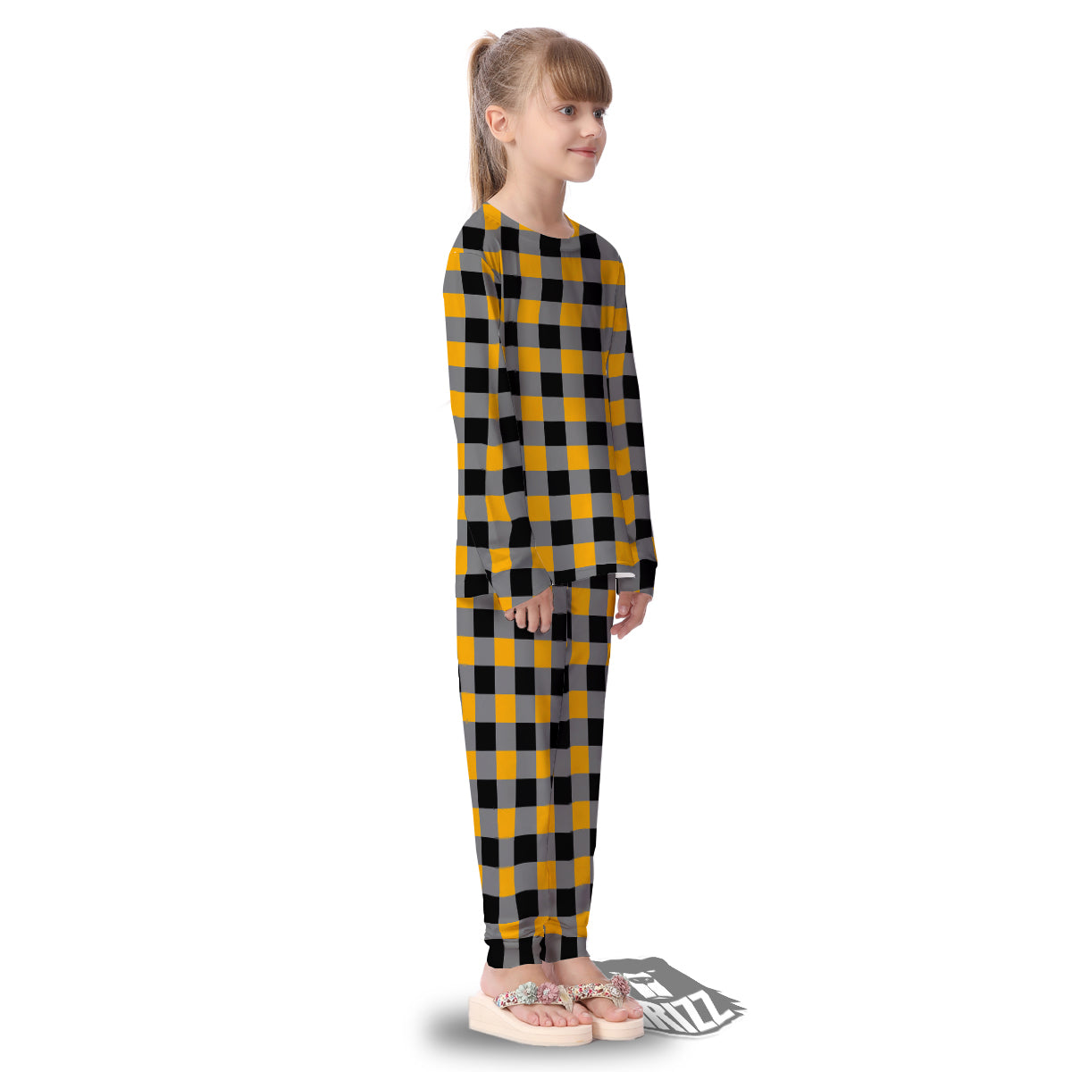 Check Yellow And Black Print Pattern Kid's Pajamas-grizzshop