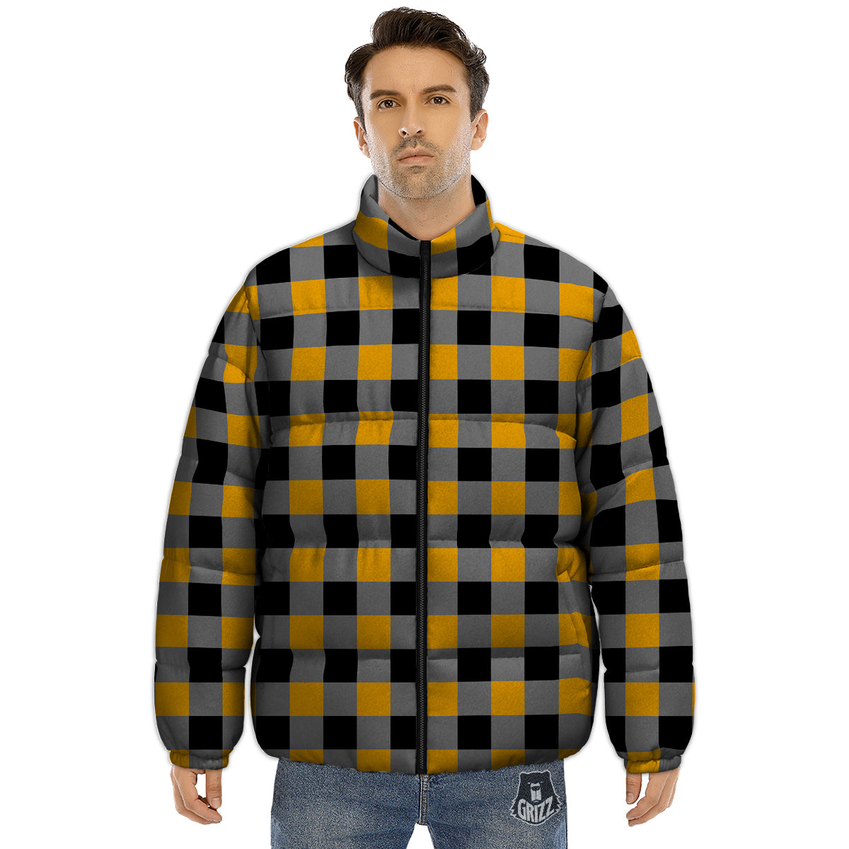 Check Yellow And Black Print Pattern Puffer Jacket-grizzshop