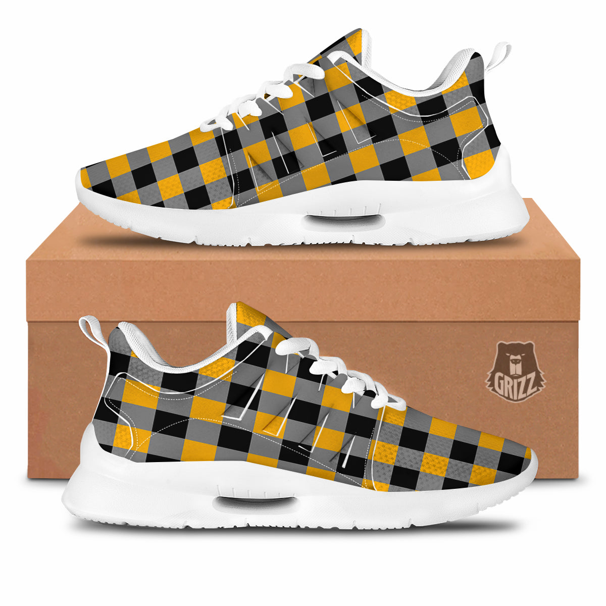 Check Yellow And Black Print Pattern Tennis Shoes-grizzshop