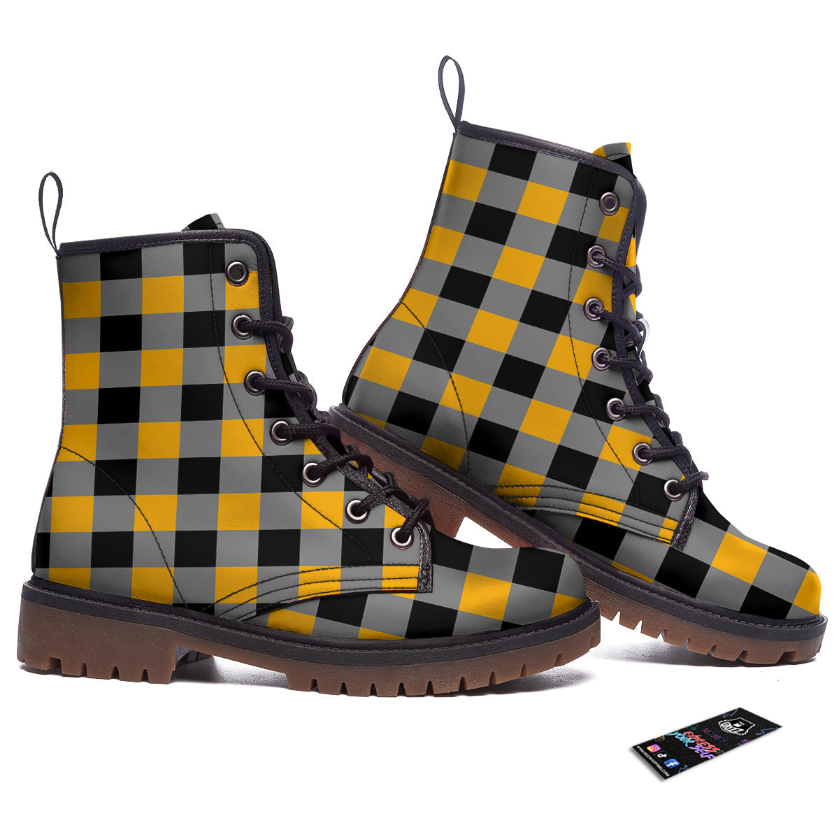 Check Yellow And Black Print Pattern Work Boots-grizzshop