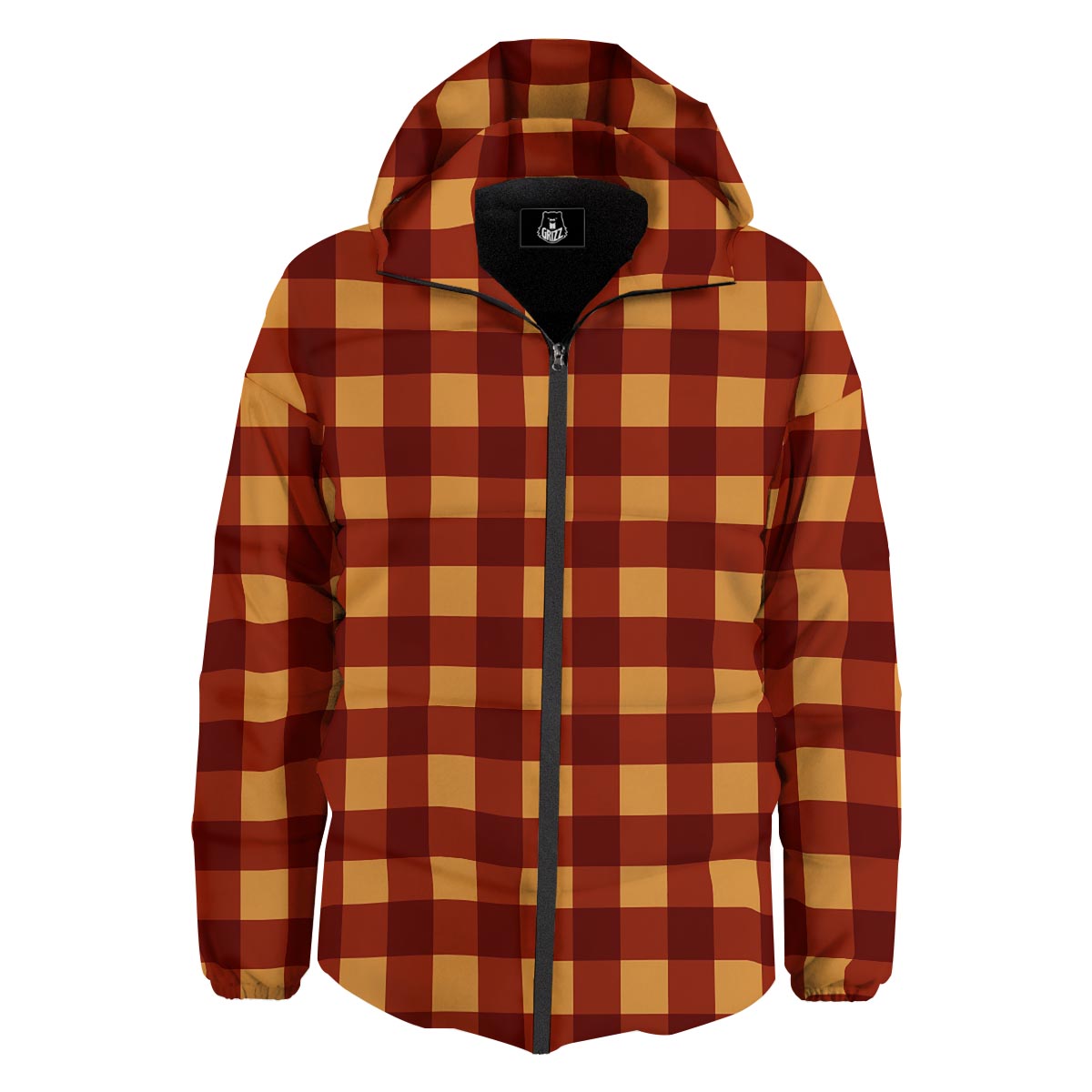 Check Yellow And Red Print Pattern Down Jacket-grizzshop
