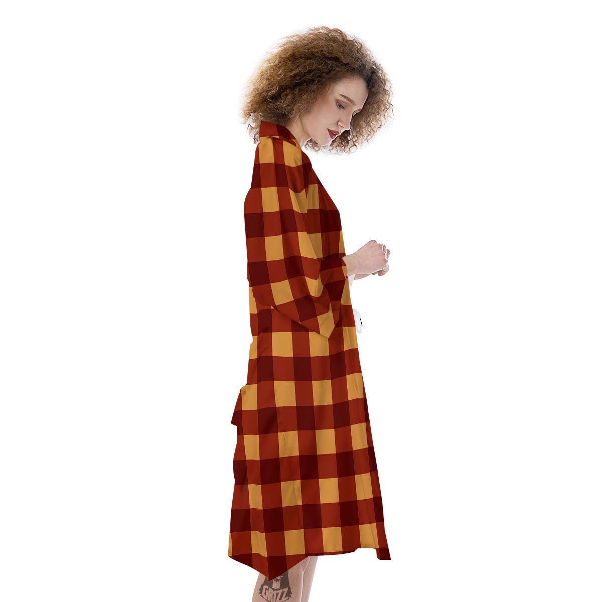 Check Yellow And Red Print Pattern Kimono-grizzshop